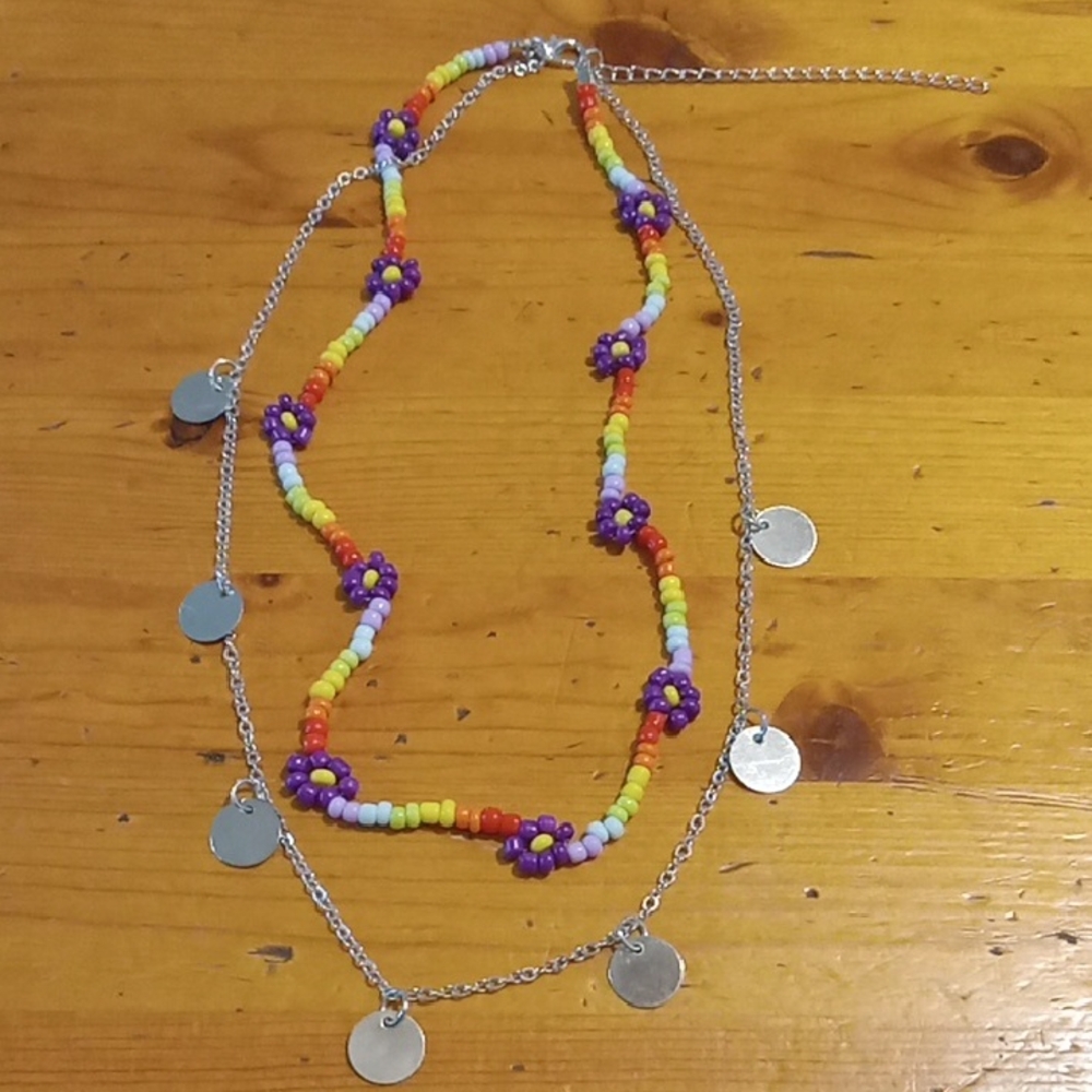 Paparazzi Multicolor Beaded Necklace with Silver Discs W/ Pierced Earrings Discs